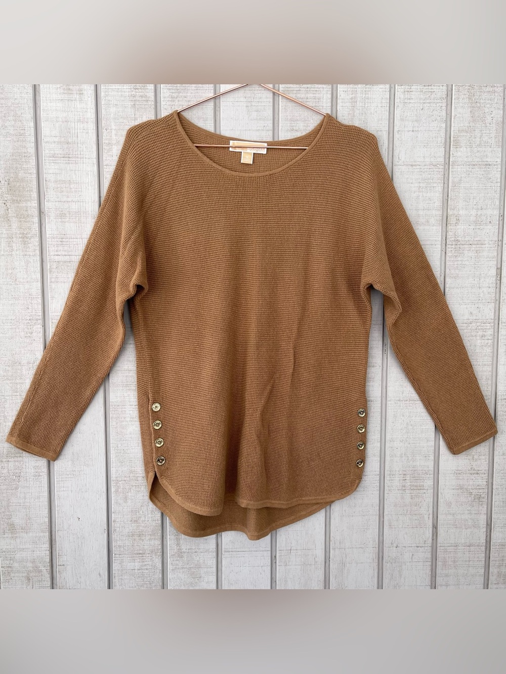 Michael Kors Brown Waffle Knit Sweater Women’s Medium Button Detail Tunic